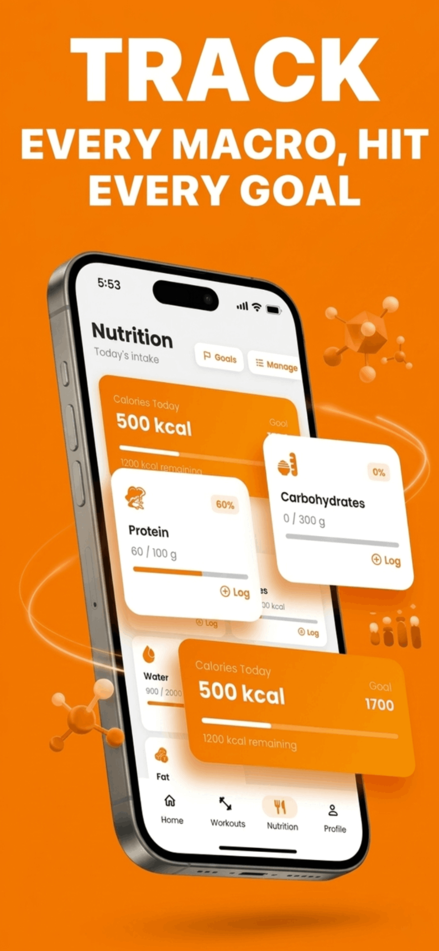 Fitverse nutrition tracking screen with macros and calories