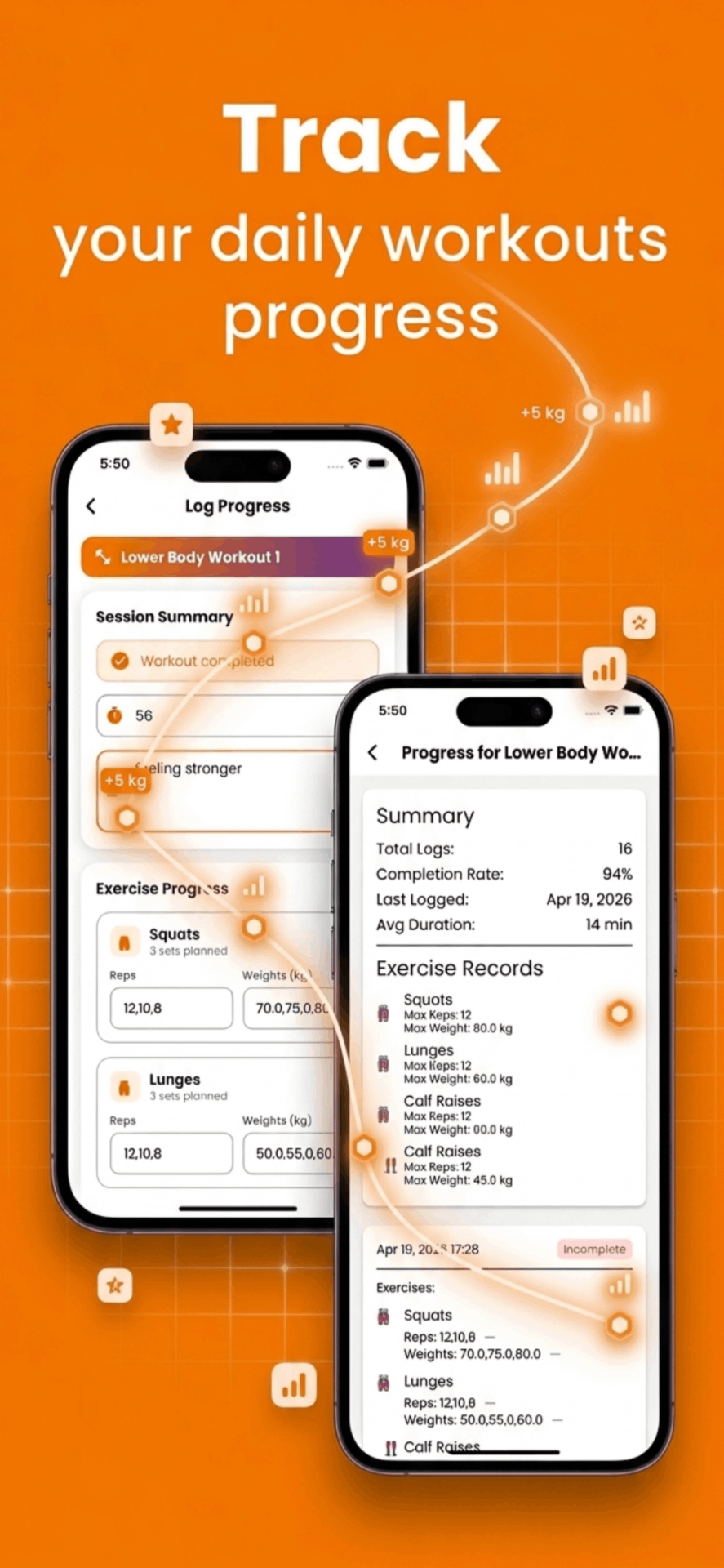 Fitverse workout progress screen with exercise records